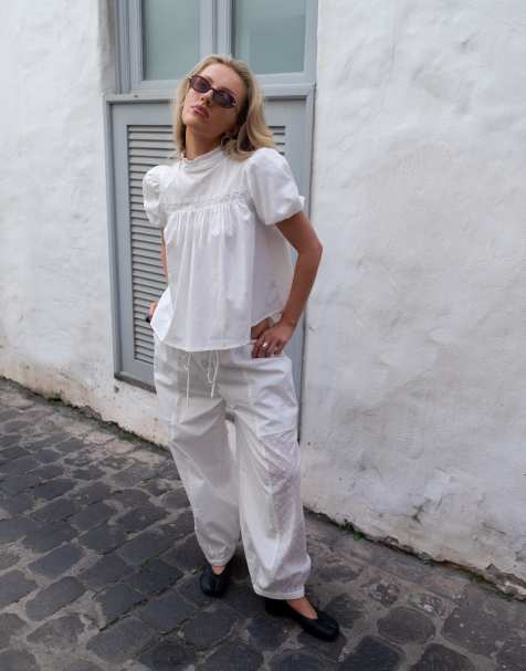 Daisy Street x Emma Jean barrel pull on pants with broderie panel in white - view 1