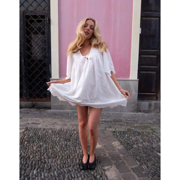 boho white mini dress Boho Mini Dress  Boho White Dres Whisper Light Batwing Sleeve Mini  Sundress with Buttons