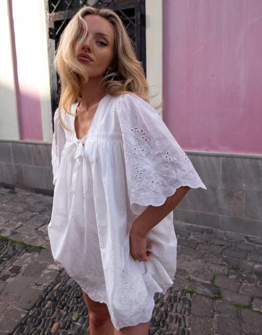Daisy Street x Emma Jean boho fluted sleeve floaty mini dress with broderie  detailing in white | ASOS