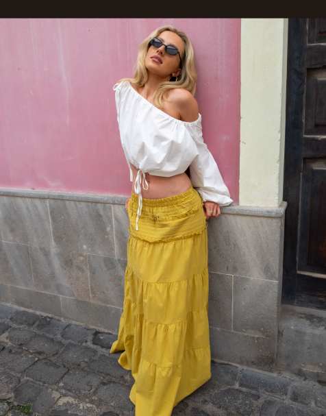 Daisy Street x Emma Jean boho ruffle drop waist midaxi tiered skirt in chartreuse - view 1