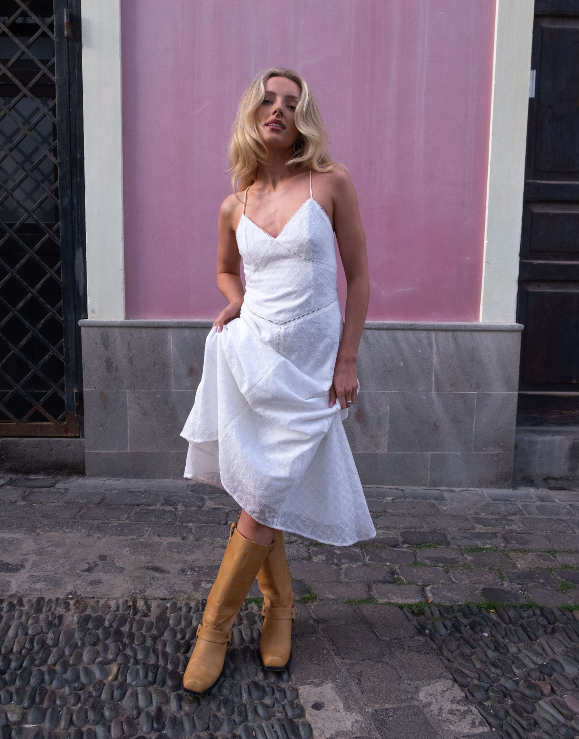 daisy street x emma jean cross back drop waist midaxi dress in white broderie