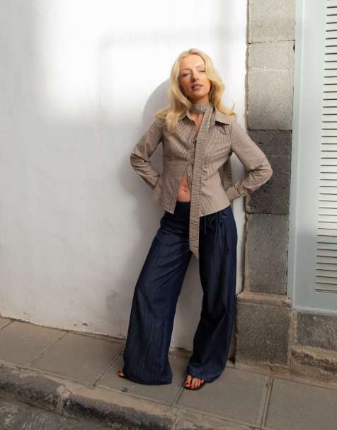 Daisy Street x Emma Jean fitted shirt with matching scarf in neutral stripe - view 1