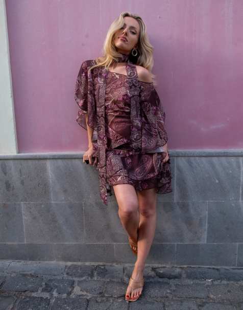 Daisy Street x Emma Jean - Mini rok met asymmetrische zoom en paisley motief in bruin, deel van co-ord set - view 1