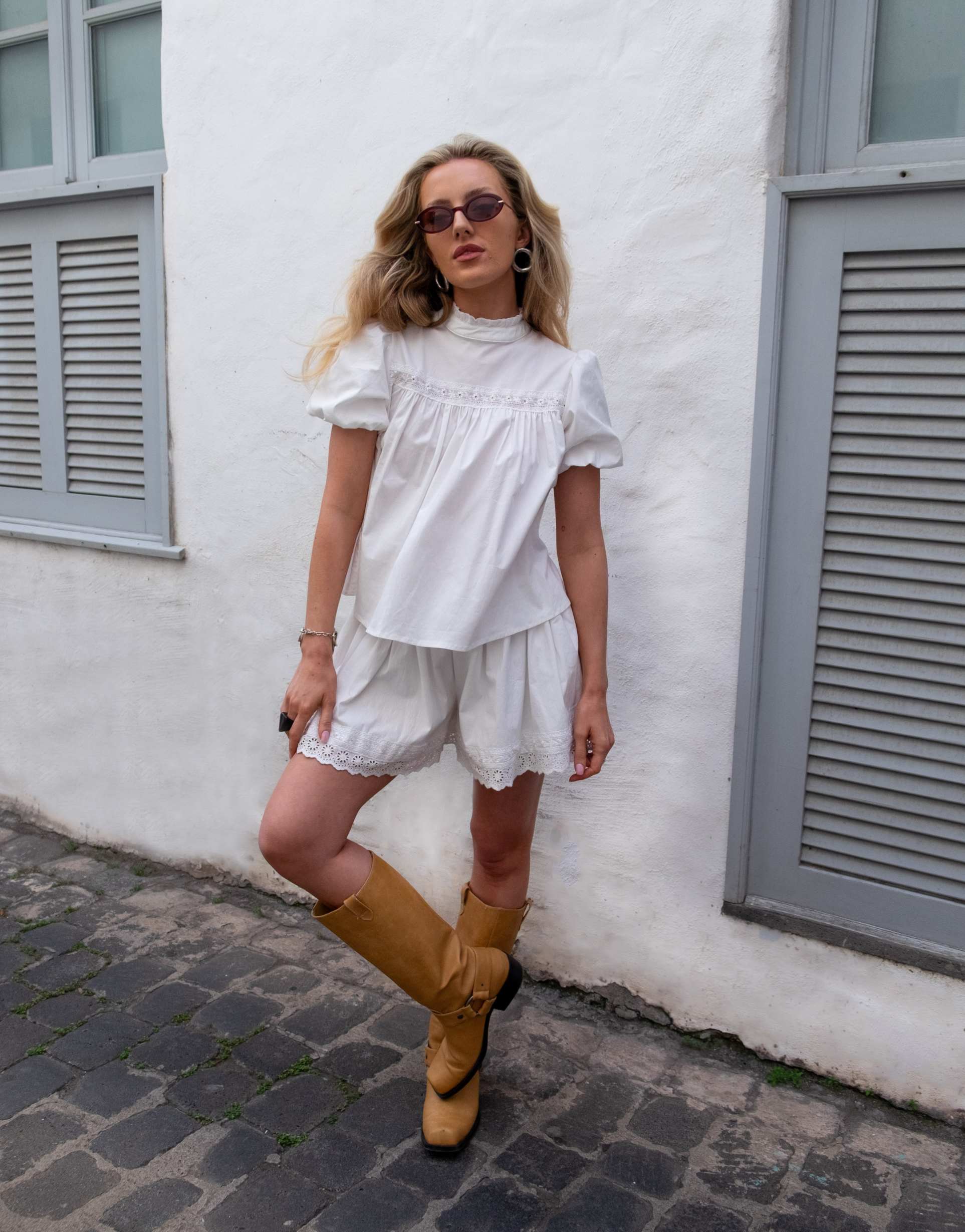 daisy street x emma jean pull on lacey mini shorts in white - part of a set