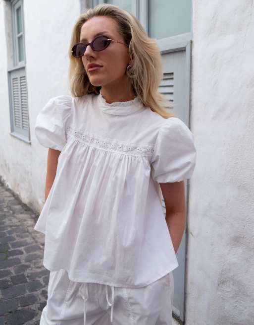 Daisy Street x Emma Jean ruffle lace detail smock blouse in white