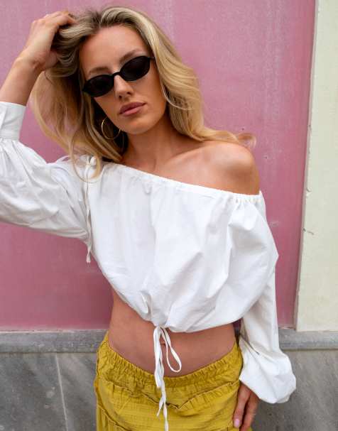 Daisy Street x Emma Jean – Schulterfreies, kurzes Oberteil aus Baumwoll-Popeline in Weiß - view 1