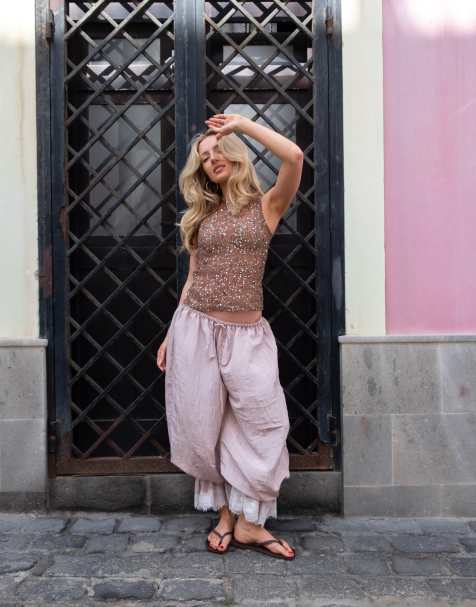 Daisy Street x Emma Jean sequin knit singlet top in brown - view 1