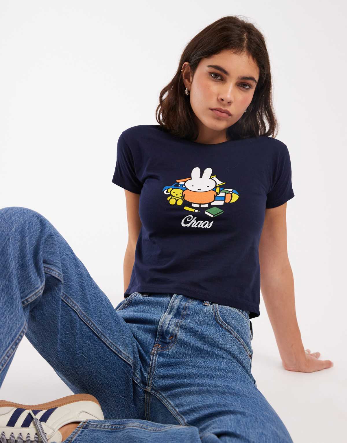 Daisy Street x Miffy baby tee with chaos graphic in navy