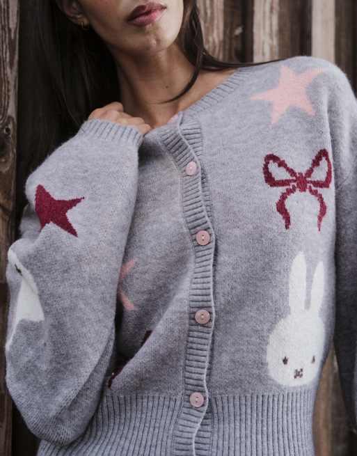 Daisy Street x Miffy button down cardigan with bows and star graphics in gray, 3 of 4