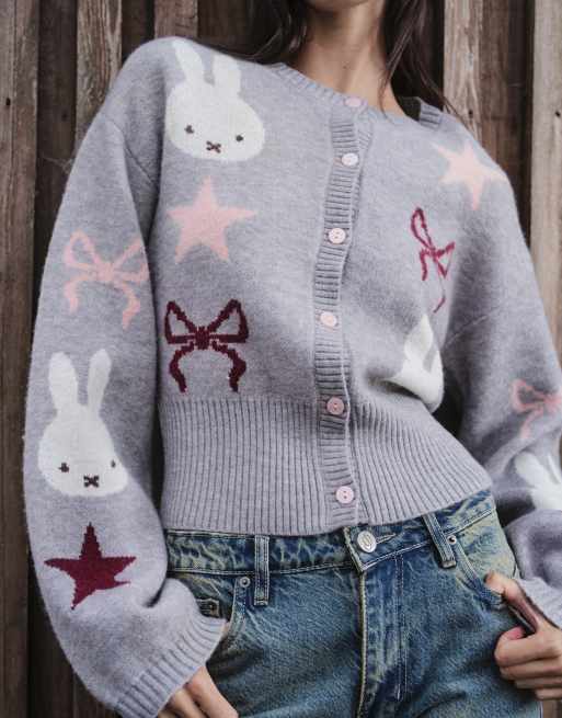 Daisy Street x Miffy button down cardigan with bows and star graphics in grey, 2 of 4