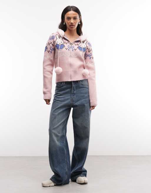 Daisy Street x Miffy - Cardigan in pelliccia sintetica rosa con zip e pompon, 2 di 4