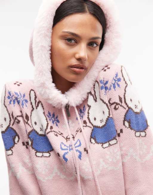 Daisy Street x Miffy - Cardigan in pelliccia sintetica rosa con zip e pompon, 3 di 4