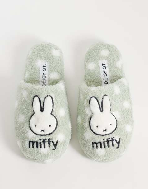 Daisy Street x Miffy cozy slippers with miffy graphic in sage - view 1