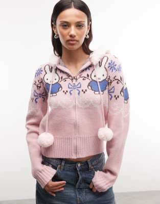Daisy Street X Miffy Faux Fur Zip-up Cardigan With Pom-poms In Pink