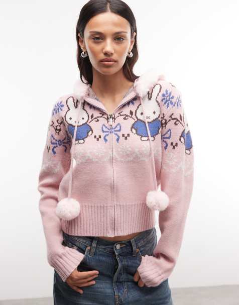 Daisy Street x Miffy faux fur zip up cardigan with pom poms in pink - view 1
