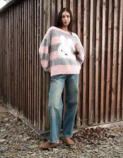 Daisy Street x Miffy oversized fluffy jumper in pink and grey stripe - view 1