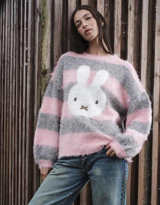 Daisy Street x Miffy oversized fluffy sweater in pink and gray stripe, 2 of 4
