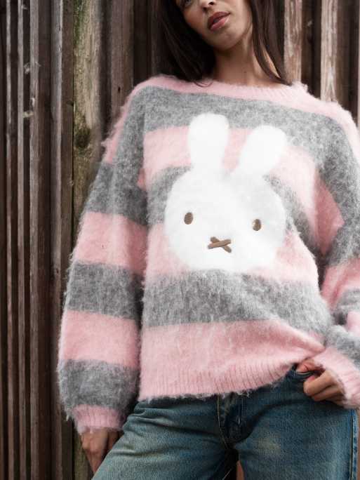 Daisy Street x Miffy oversized fluffy sweater in pink and gray stripe, 3 of 4