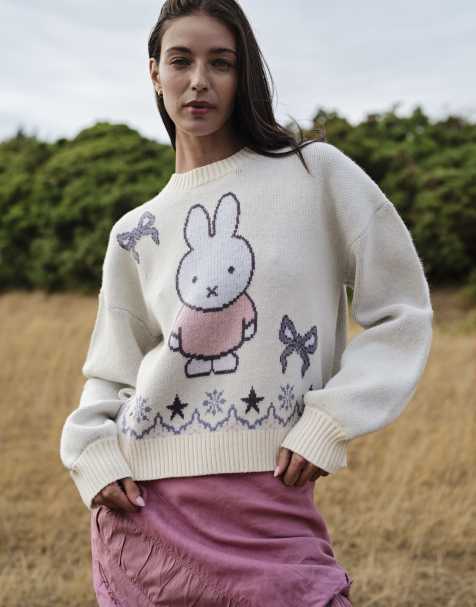 Daisy Street x Miffy oversized knit jumper with fairisle graphic in cream - view 1
