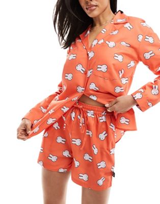 Daisy Street x Miffy print pyjama shirt and shorts in orange