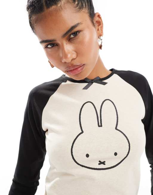 Daisy Street x Miffy raglan tee in grey and black with miffy bow graphic, 3 of 4