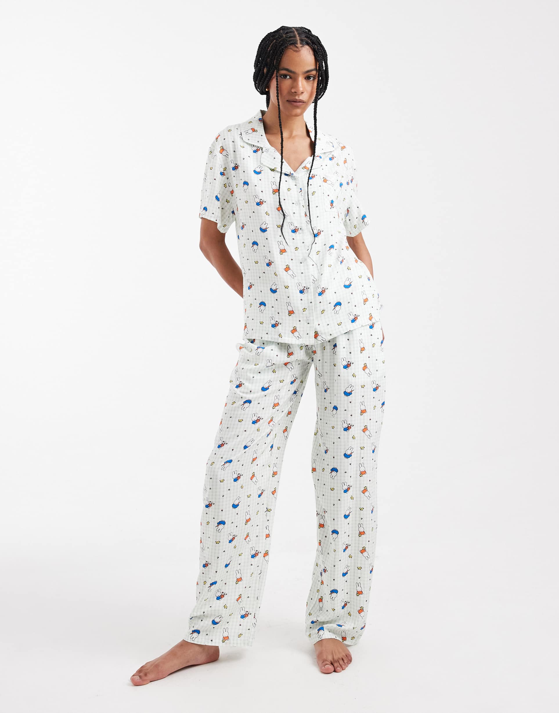 daisy street x miffy short sleeve pajama set in green check