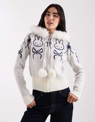 Daisy Street X Miffy Zip Up Knit Cardigan With Pom Poms In White