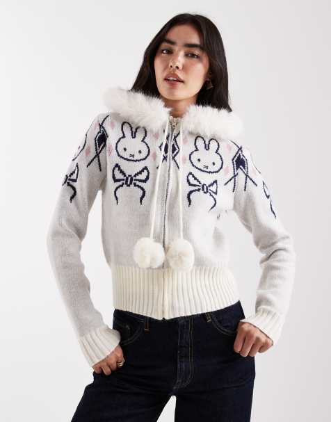 Daisy Street x Miffy zip up knit cardigan with pom poms in cream - view 1