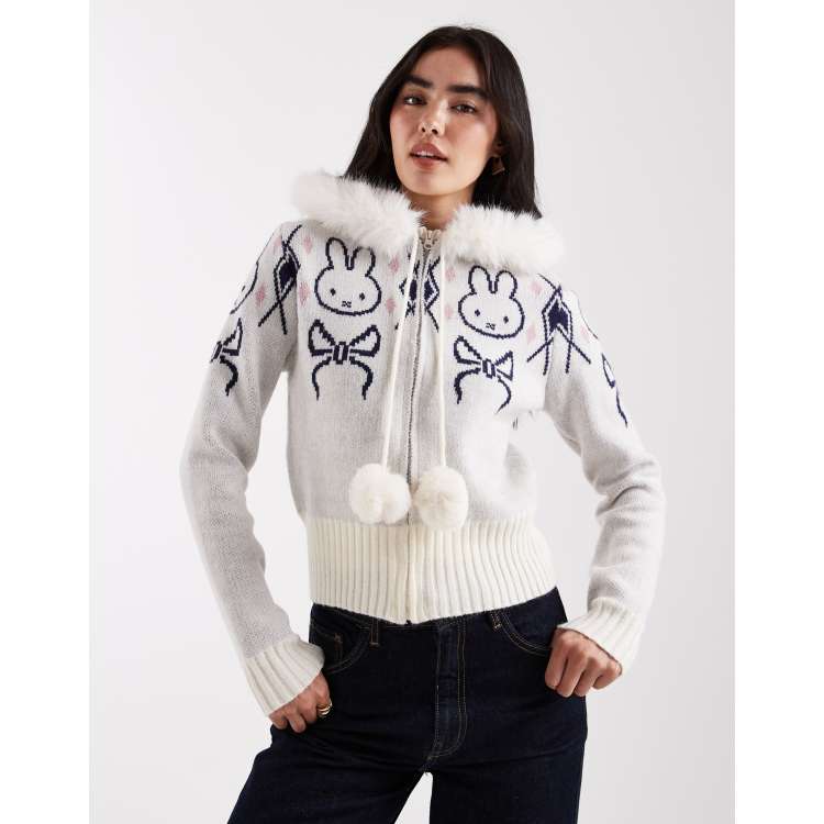 Daisy Street x Miffy zip up knit cardigan with pom poms in