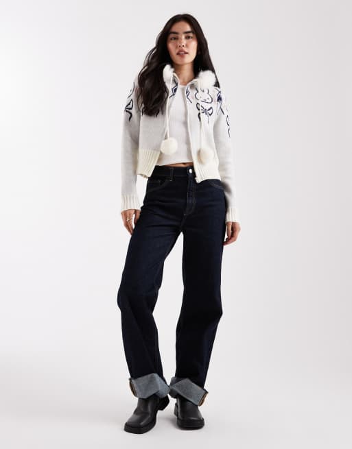 Daisy Street x Miffy zip up knit cardigan with pom poms in cream