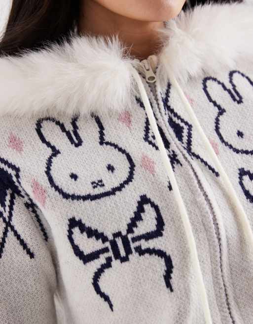 Daisy Street x Miffy zip up knit cardigan with pom poms in cream