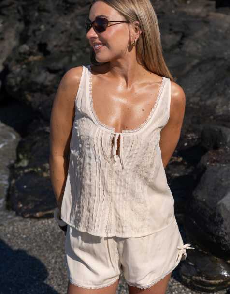 Daisy Street x Molly Mcfarlane boho flowy lace cami top in cream co-ord - view 1