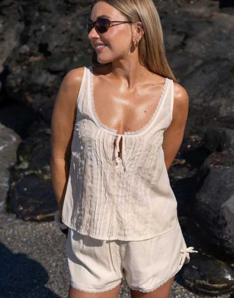 Daisy Street x Molly Mcfarlane boho flowy lace cami top in cream co-ord