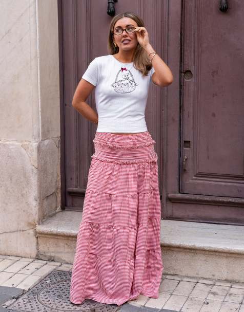 Daisy Street x Molly McFarlane boho tiered ruffle maxi skirt in red gingham (part of a set) - view 1