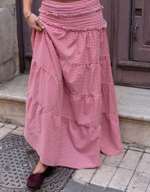 Daisy Street x Molly Mcfarlane boho tiered ruffle maxi skirt in red gingham co-ord