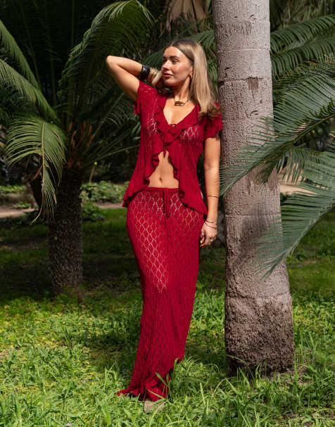 Daisy Street x Molly Mcfarlane crochet maxi skirt in red co ord 