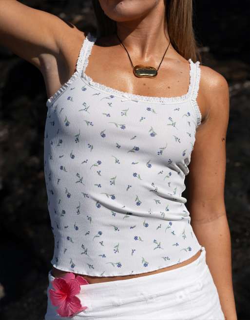 Daisy Street x Molly Mcfarlane ditsy rib lace trim strap cami top in ditsy floral, 4 of 4
