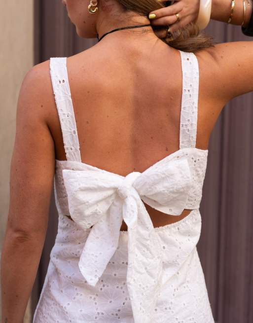 Daisy Street x Molly Mcfarlane floral broderie mini dress with tie back in white