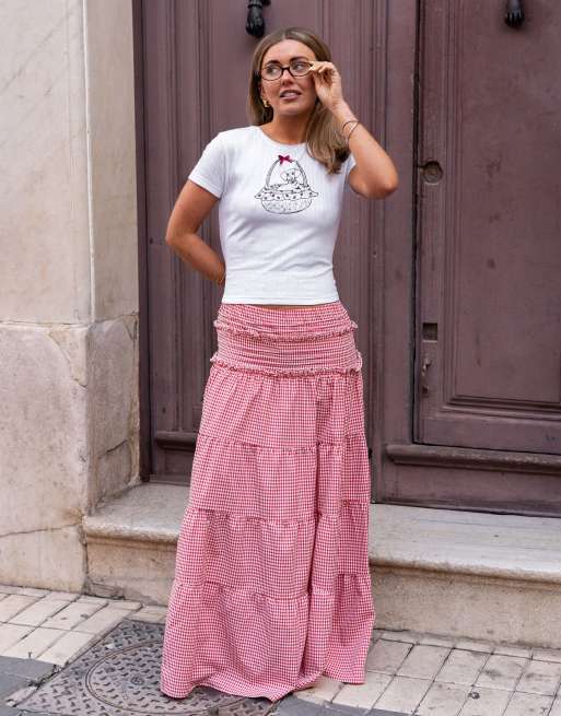 Daisy Street x Molly Mcfarlane - Lagdelt boho-maxinederdel med flæser og rødt gingham-tern - Del af sæt