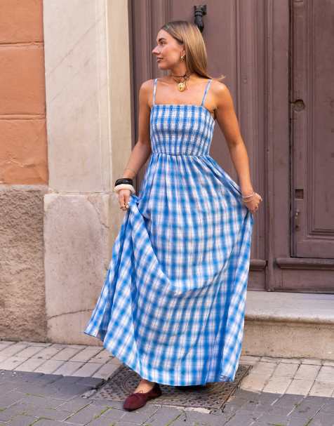 Daisy Street x Molly Mcfarlane – Maxikleid mit gesmoktem Oberteil und blauem Karo - view 1
