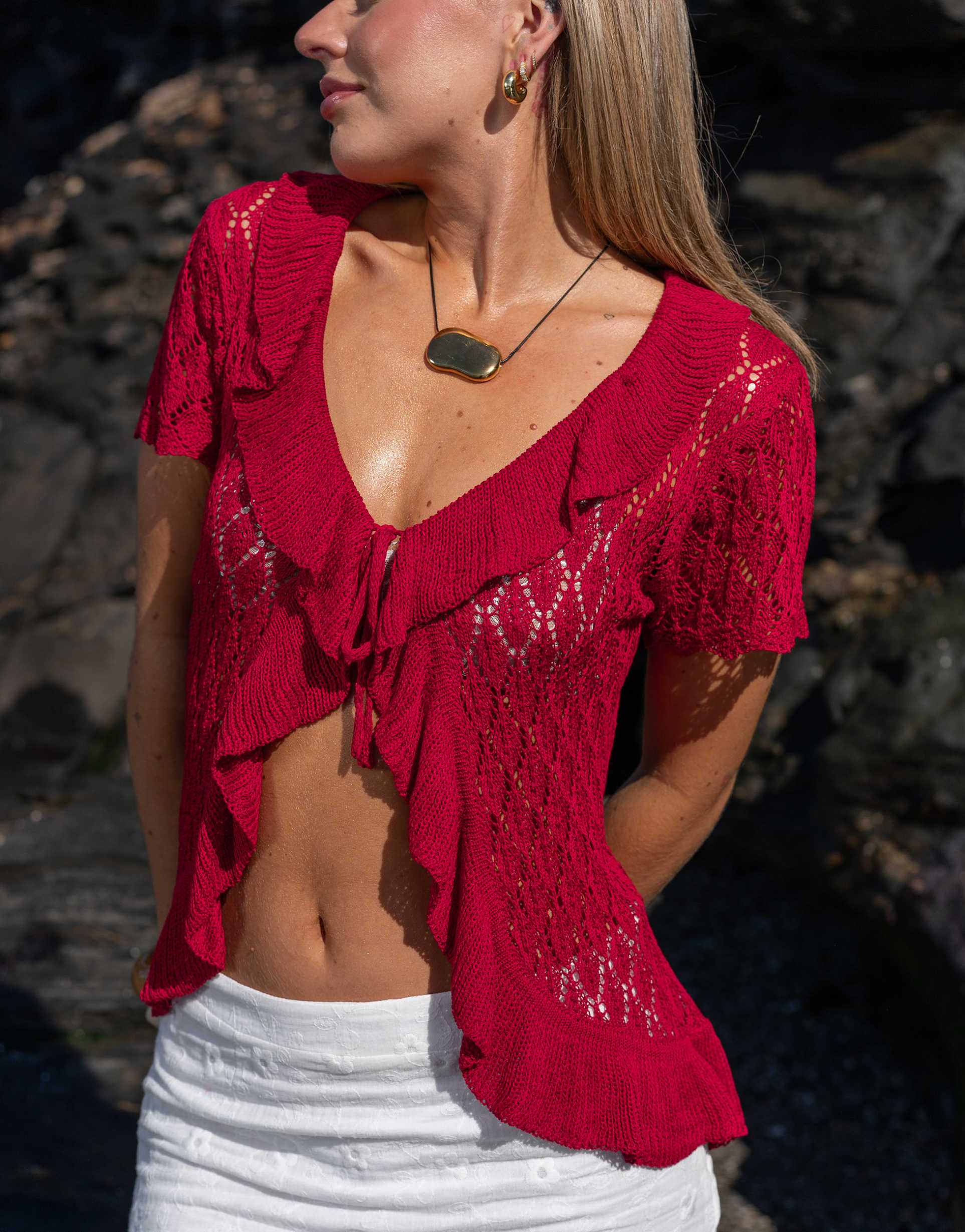 daisy street x molly mcfarlane ruffle crochet top in red - part of a set