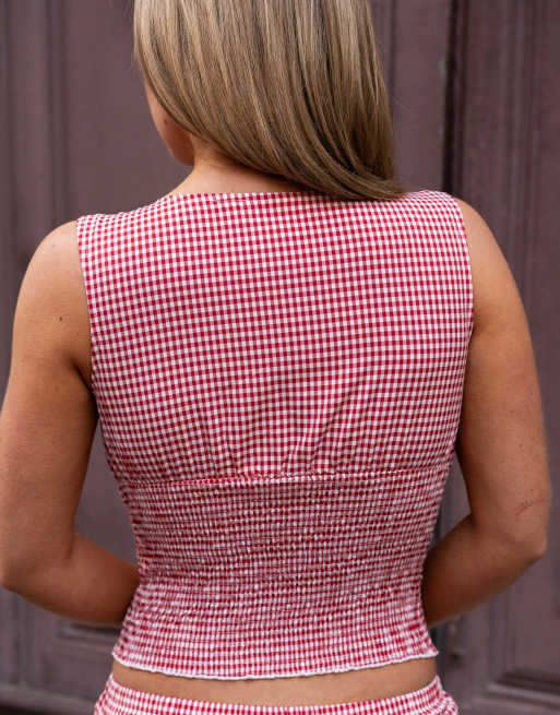 Daisy Street x Molly Mcfarlane shirred vest top with front bow in red gingham co-ord, 4 of 4