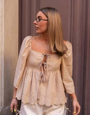 Daisy Street Daisy Street x Molly Mcfarlane square neck cutwork babydoll blouse in natural-Neutral
