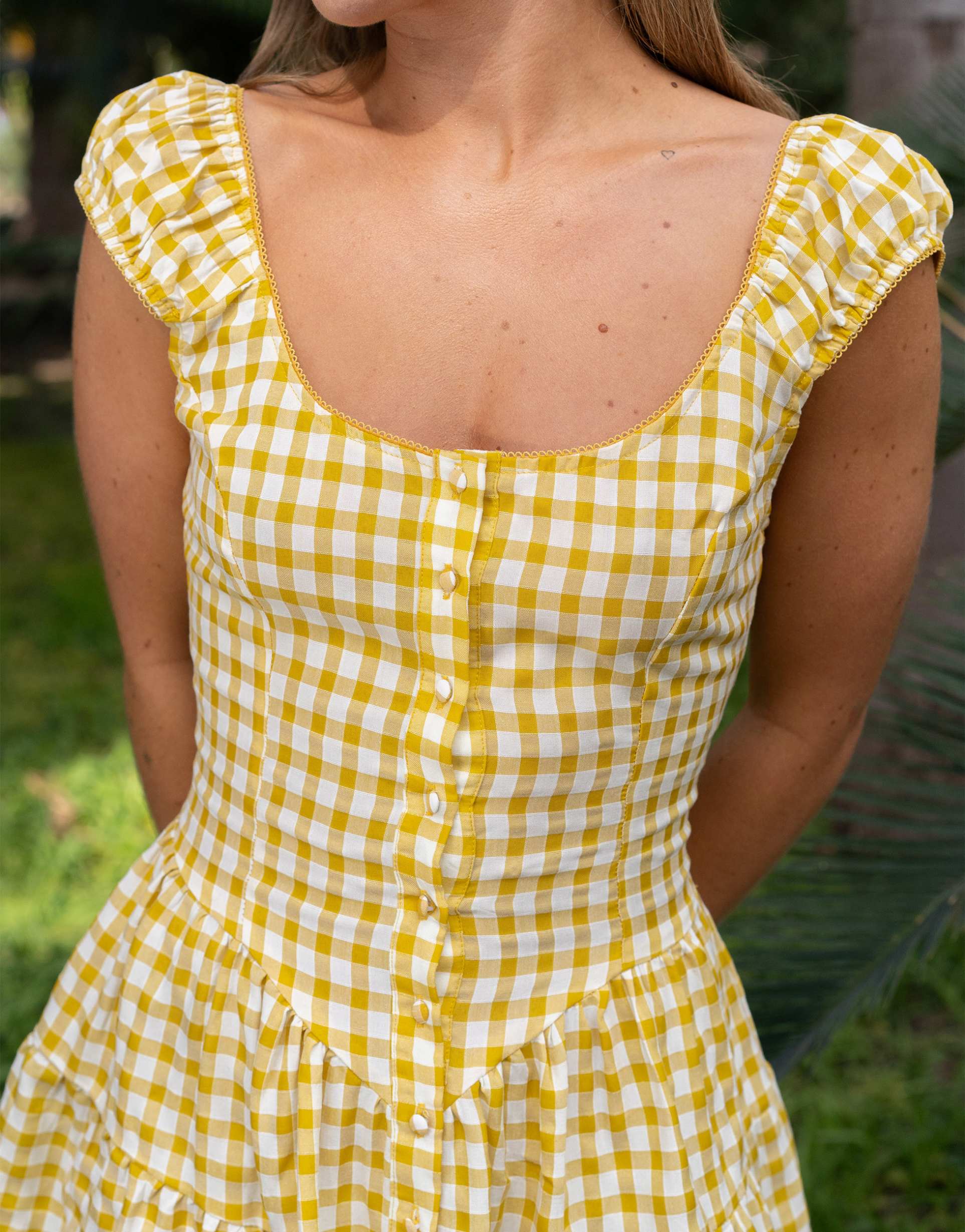 daisy street x molly mcfarlane tiered mini dress in yellow gingham