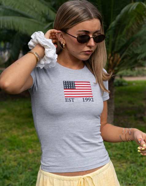 Daisy Street x Molly Mcfarlane USA graphic baby tee In grey marl - view 1