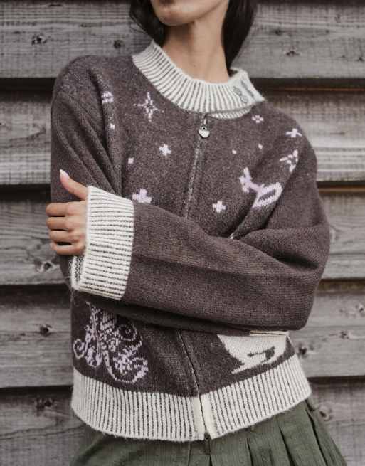 Daisy Street x Moomin zip up knit jumper with high neck in brown, 4 of 4