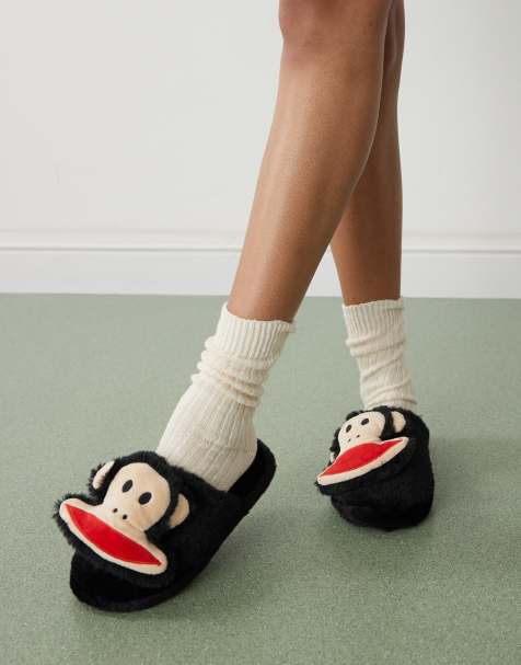 Daisy Street x Paul Frank fluffy slippers with 3D face in black - view 1