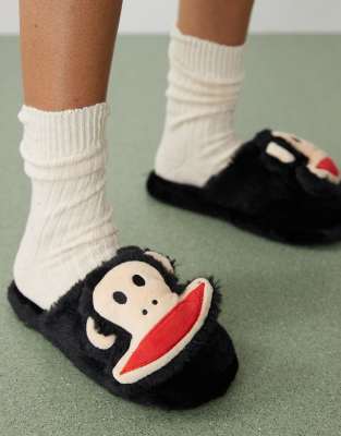 Daisy Street X Paul Frank Fluffy Slippers With 3d Face In Black