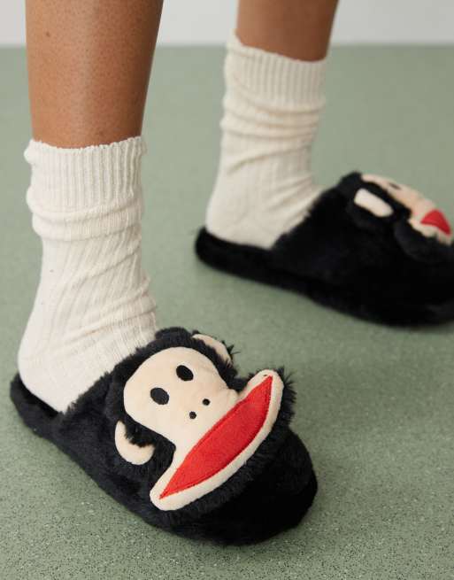 Daisy Street x Paul Frank fluffy slippers with 3D face in black, 2 of 4