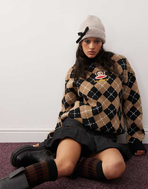 Daisy Street x Paul Frank knitted argyle sweater with embroidered logo 